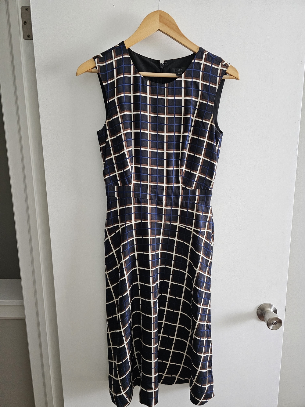 Sleeveless Navy Plaid Sheath Dress